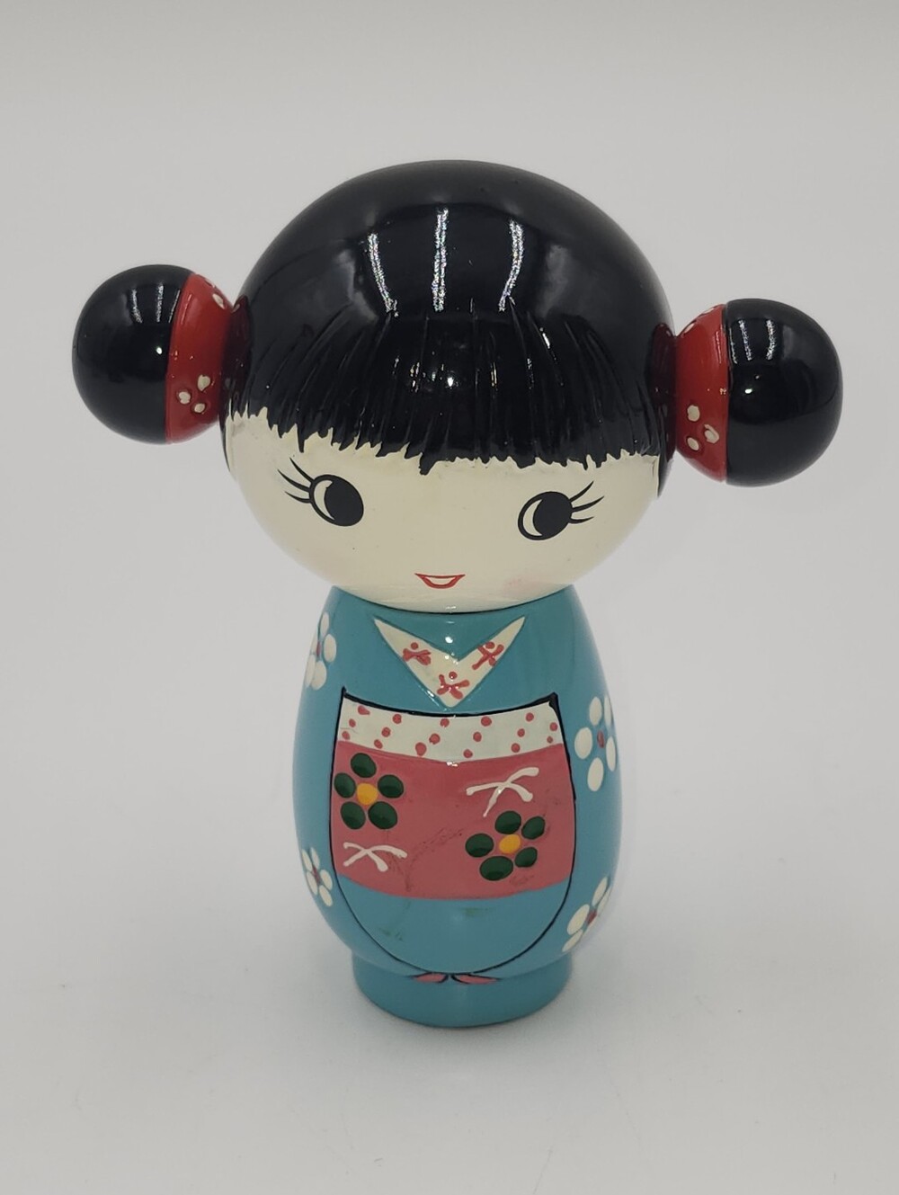 Vintage Japan Craft Creative Kokeshi doll  blue floral kimono Turquoise